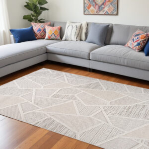 8' X 11' Cream and Beige Geometric Distressed Area Rug