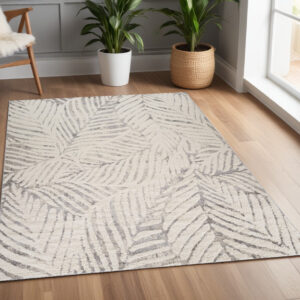 4' X 6' Gray and Cream Botanical Leaves Area Rug