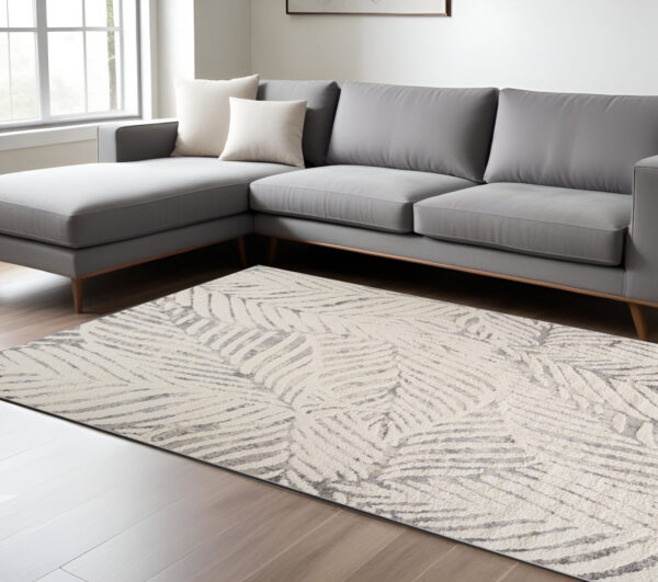 8' X 11' Gray and Cream Botanical Leaves Area Rug