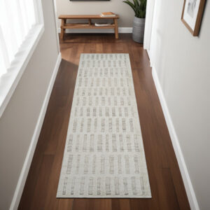 8' Gray and Beige Geometric Distressed Runner Rug