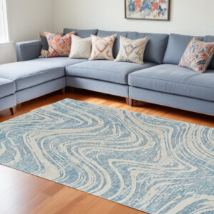 7' X 10' Blue and Beige Abstract Distressed Area Rug