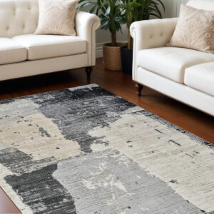 7' X 10' Beige and Black Abstract Distressed Area Rug