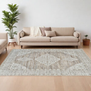 7' X 10' Beige and Brown Abstract Distressed Area Rug