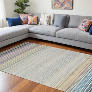 7' X 10' Beige and Blue Abstract Distressed Area Rug