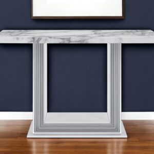 26" White and Silver Faux Marble Frame Console Table