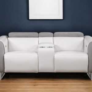 77" Gray White And Silver Faux Leather and Microfiber Power Reclining Loveseat With Storage