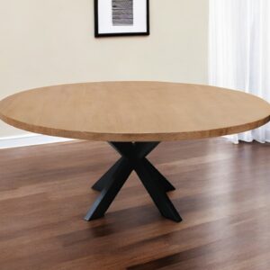 72" Natural And Black Rounded Solid Wood And Iron Pedestal Base Dining Table