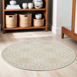 5' Beige and Ivory Floral Non Skid Round Rug