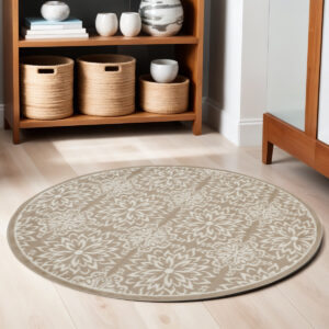 5' Taupe and Ivory Floral Non Skid Round Rug