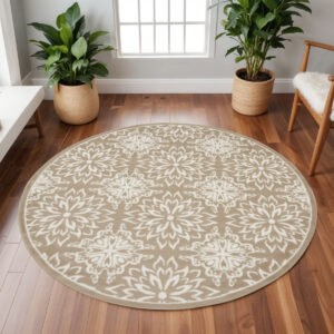 8' Taupe and Ivory Floral Non Skid Round Rug