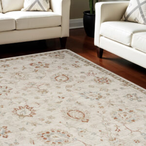 8' X 10' Cream Floral Power Loom Distressed Area Rug With Fringe