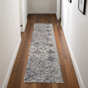 8' Charcoal and Ivory Wool Geometric Runner Rug