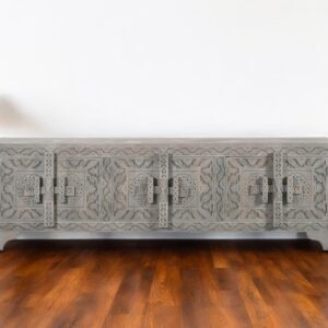 79" Gray Carved Scrollwork Distressed Solid Wood Enclosed Storage TV Stand