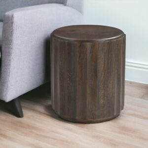 23" Brown Distressed Solid Wood Round Scalloped Drum End Table