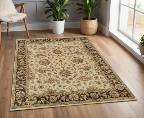 4' X 6' Ivory Brown and Gold Wool Oriental Hand Knotted Area Rug