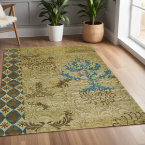 4' X 6' Tan Blue and Brown Floral Hand Knotted Area Rug