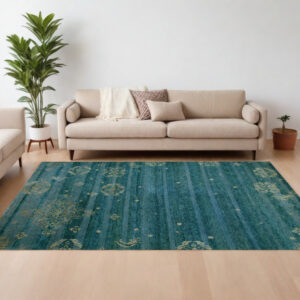 8' X 10' Tan Blue and Green Striped Hand Knotted Area Rug