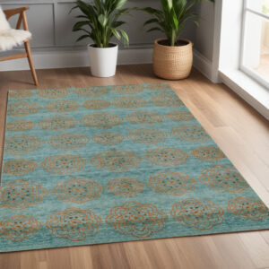 4' X 6' Green Blue and Taupe Floral Hand Knotted Worn Faded Area Rug