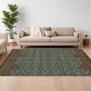 8' X 12' Green Blue and Brown Floral Hand Knotted Area Rug
