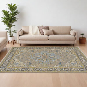6' X 9' Blue Taupe and Tan Wool Oriental Hand Knotted Area Rug