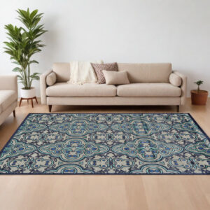 8' X 11' Tan Blue and Taupe Damask Power Loom Area Rug
