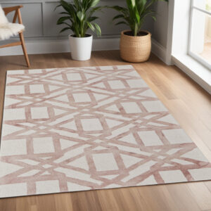 4' X 6' Ivory Pink and Tan Wool Geometric Hand Tufted Area Rug