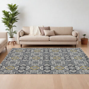 10' X 13' Gray Ivory and Yellow Damask Power Loom Area Rug