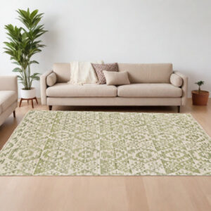 6' X 9' Green and Ivory Wool Southwestern Hand Knotted Area Rug