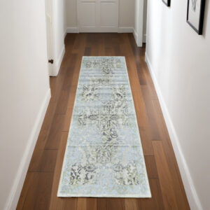 8' Blue Gray and Green Floral Power Loom Worn Faded Runner Rug