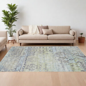 8' X 11' Green and Gray Abstract Power Loom Worn Faded Area Rug