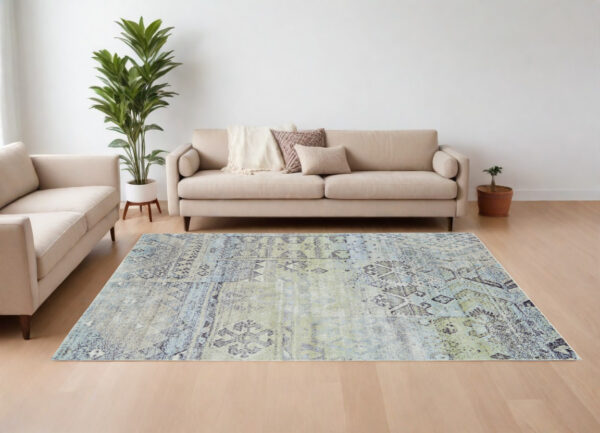 8' X 11' Green and Gray Abstract Power Loom Worn Faded Area Rug