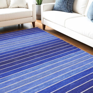 5' X 8' Blue Wool Striped Hand Woven Area Rug