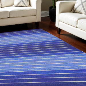 8' X 11' Blue Wool Striped Hand Woven Area Rug