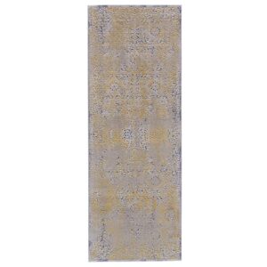 8' Gray and Gold Oriental Power Loom Worn Faded Runner Rug