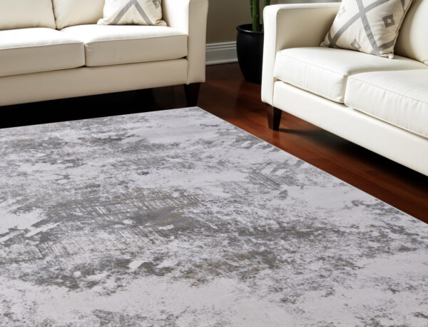 12' X 15' Gray and Silver Abstract Power Loom Worn Faded Area Rug