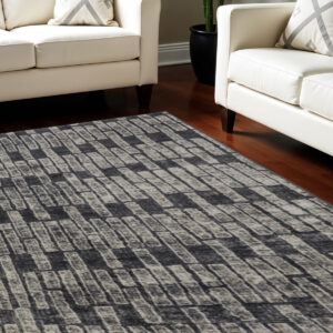 8' X 10' Gray and Black Geometric Power Loom Worn Faded Area Rug