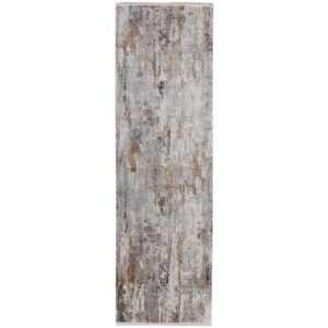 10' Gray Ivory and Gold Abstract Power Loom Runner Rug With Fringe