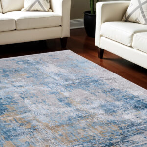 10' X 13' Blue Gold and Gray Abstract Power Loom Area Rug With Fringe