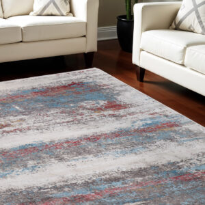 10' X 13' Gray Blue and Red Abstract Power Loom Area Rug With Fringe