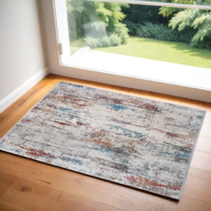 3' X 5' Gray Blue and Red Abstract Power Loom Area Rug With Fringe