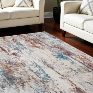 8' X 11' Gray Blue and Red Abstract Power Loom Area Rug With Fringe