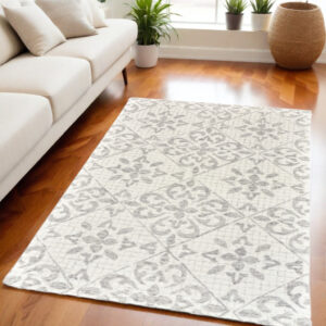 5' X 8' Ivory and Gray Wool Floral Hand Tufted Area Rug