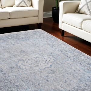 10' X 14' Gray Blue and Ivory Oriental Hand Woven Distressed Area Rug With Fringe