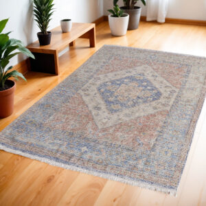 4' X 6' Red Blue and Ivory Abstract Hand Woven Distressed Area Rug With Fringe