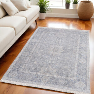 5' X 8' Gray Blue and Taupe Abstract Hand Woven Distressed Area Rug With Fringe