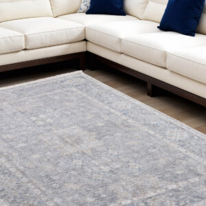 9' X 12' Gray Blue and Taupe Abstract Hand Woven Distressed Area Rug With Fringe
