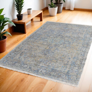 4' X 6' Gray Blue and Tan Abstract Hand Woven Distressed Area Rug With Fringe