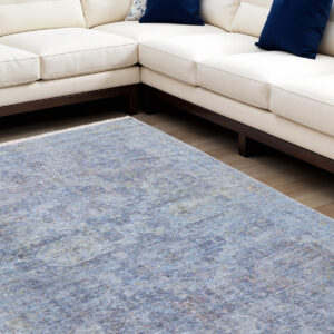 8' X 10' Blue and Ivory Abstract Hand Woven Distressed Area Rug With Fringe