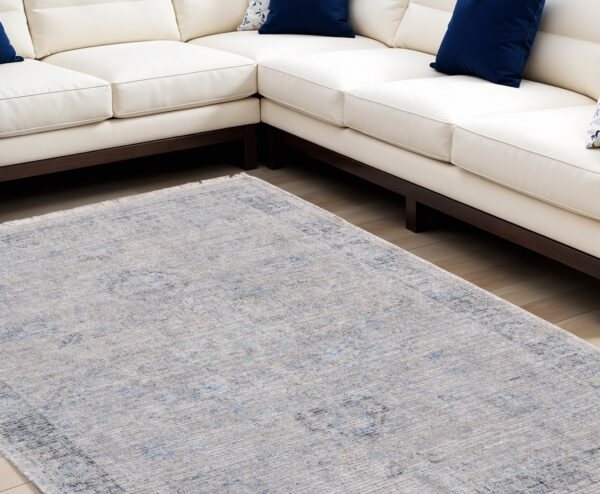 9' X 12' Gray Blue and Taupe Abstract Hand Woven Distressed Area Rug With Fringe