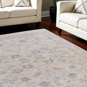 10' X 14' Ivory Tan and Blue Floral Hand Woven Distressed Area Rug With Fringe